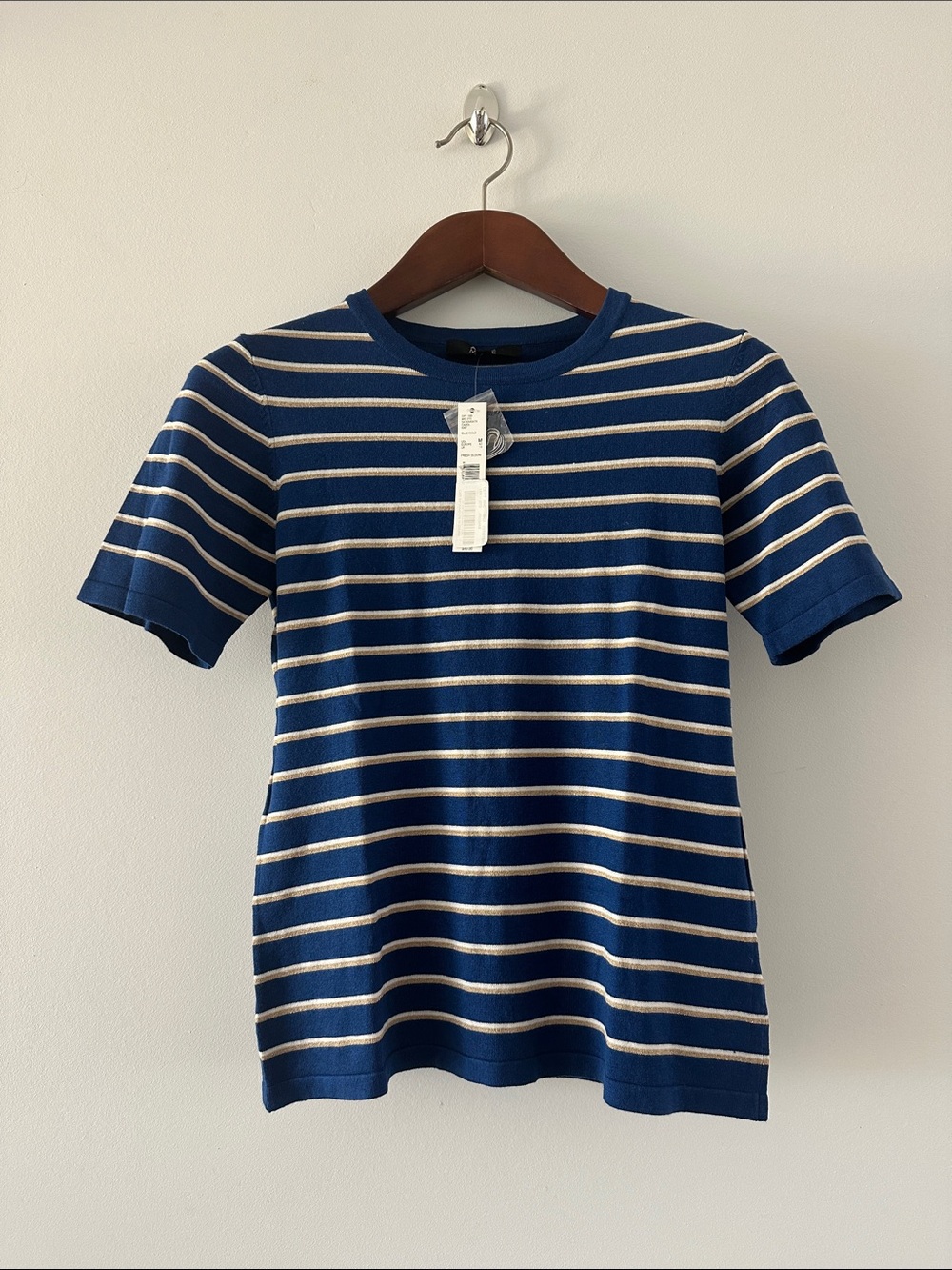 Alex Marie Navy, Gold, and White Striped Short-Sleeve Knit Top